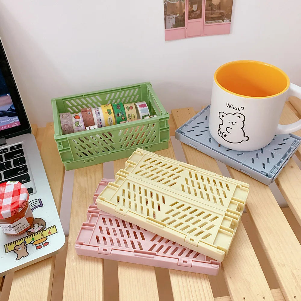 1 Pc Mini Foldable Desk Organizer Box Plastic Space-Saving Design Stationery Storage Basket for Tidy Student Workspaces
