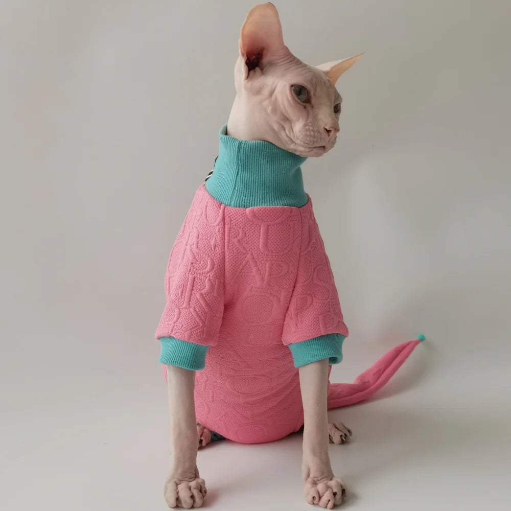 Sweet Spring Elegant Pink Suit for Sphynx Cat 4-legged Coat Hat Tail Cover Sweatshirt Set for Female Cats Jumpsuit for Devon Rex
