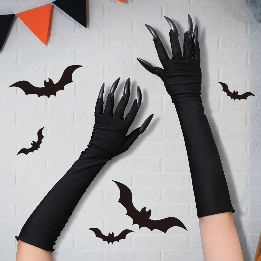 5/1pair Scary Long Nails Gloves Halloween Cosplay Ghost Claw Black Nails Finger Gloves Arm Sleeves Party Costumes Props Supplies