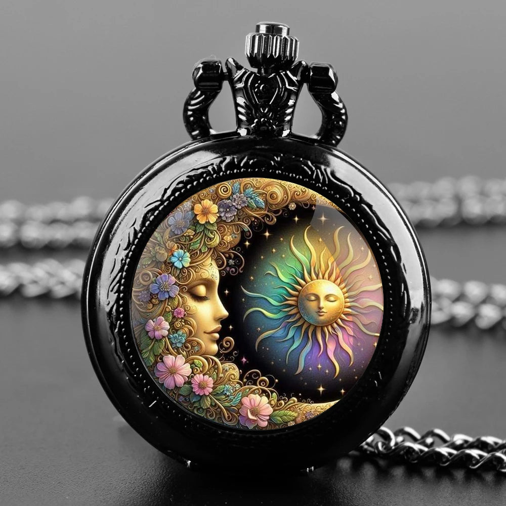 Sun and Moon Goddess Quarzt Pocket Watch with Chain