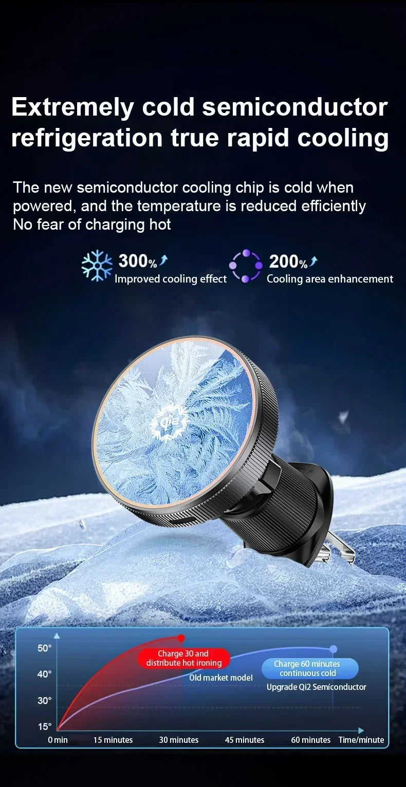 QI2 Real 15W Magnetic Car Wireless Charger Cooling RGB Light Clip Holder For Magsafe iPhone 16 15 14 13 12 Pro Max Fast Charging