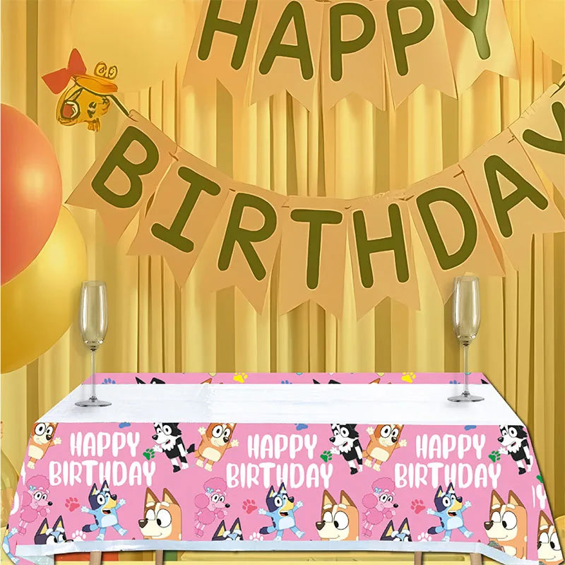 Bluey Pink Themed Cartoon Tablecloth  Bingo Dog Birthday Anime Celebration for Baby Shower Party Supplies Decoration Accessories