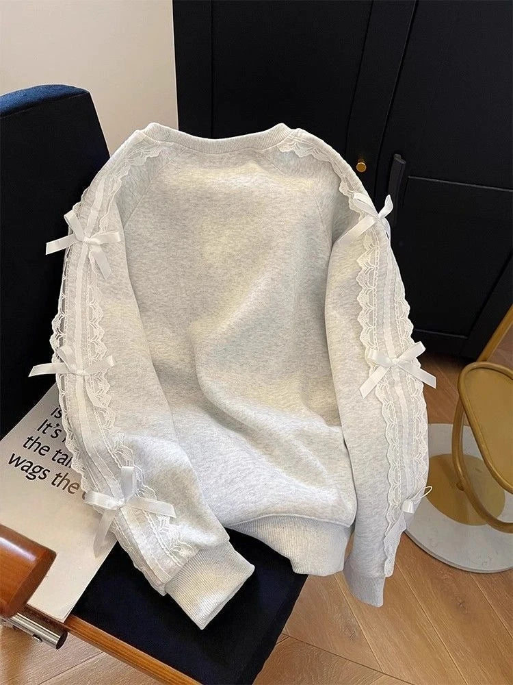 Grey Woman Pullover Tops Lace Emo Cotton Y2k Style New in Dropshiping Vintage 2025 Trend Basic Matching Bow Sweatshirt for Women