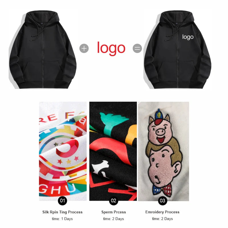 High Quality Velvet Zipper Hoodie Sweatshirt Custom Logo Embroidery Print Personalized Image Company Logo DIY 10 Color KAISING