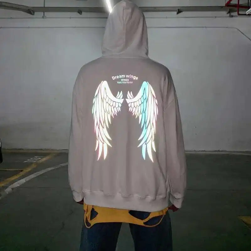 Reflective Male Hoodie Hip Hop Overfit New in No Brand Y2k Vintage Novelty and Simple 90s Tops Fleeced Men's Hooded Sweatshirt