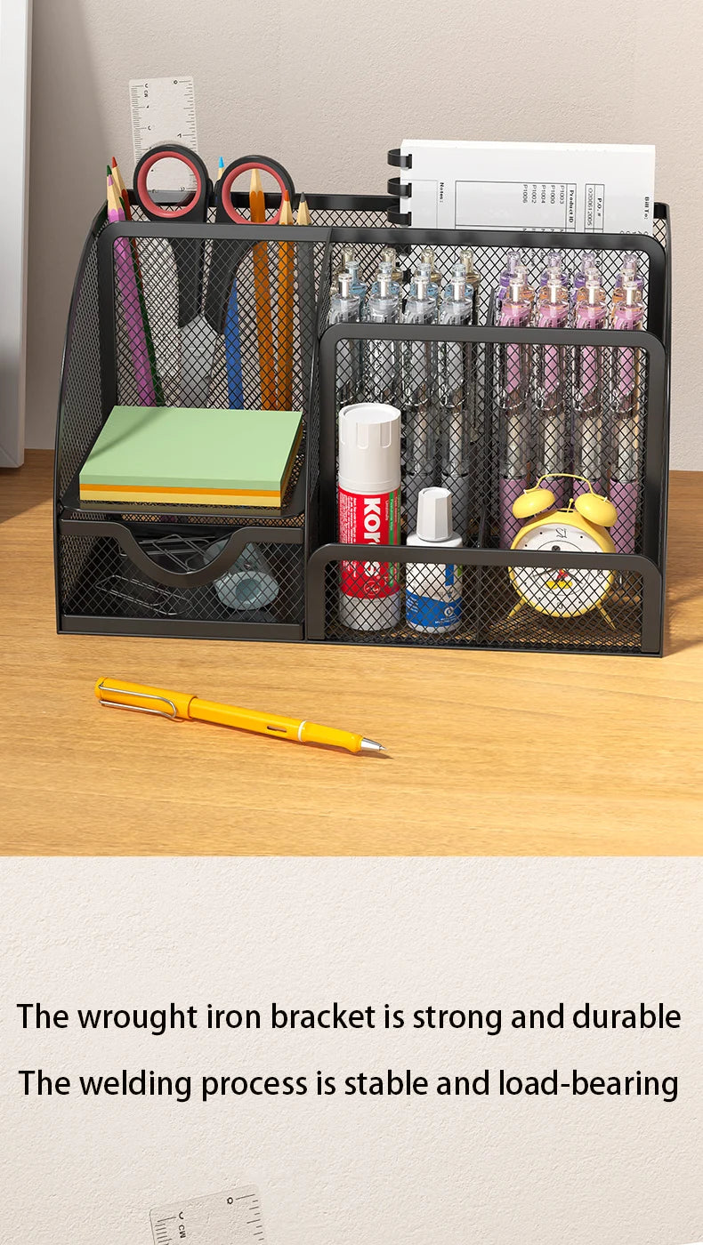 Mesh Desk Organizer Office with 7 Compartments with Drawer Desk Tidy Candy Pen Holder Multifunctional Organizer