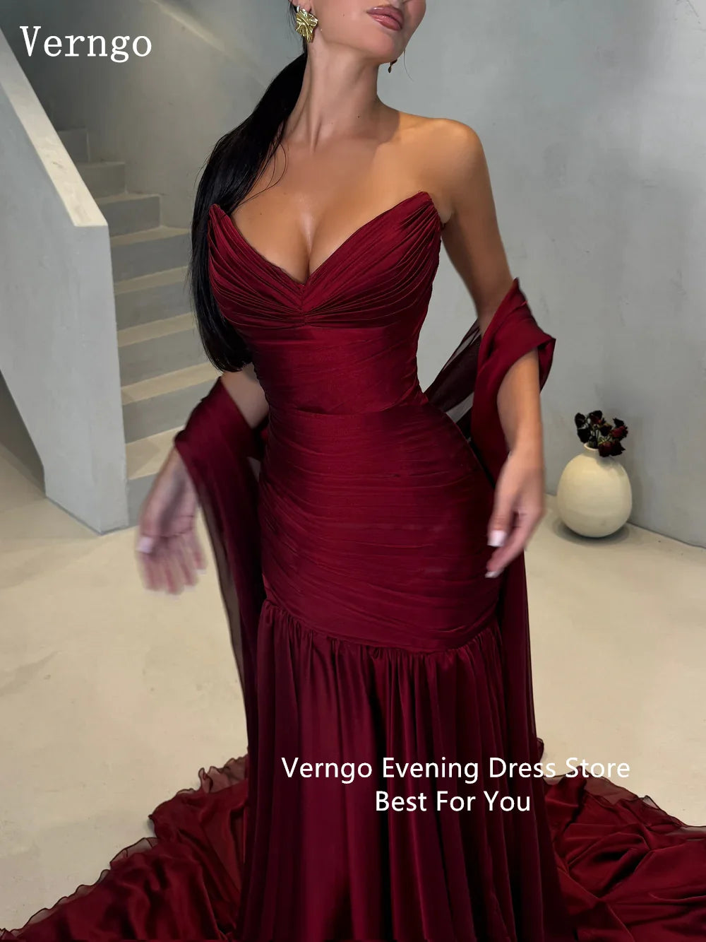 Verngo Merlot Deep Wine Red Evening Dress Draped Sweetheart Pleated Bodice Sculpts Party Dress Chiffon Shawl Prom Gowns
