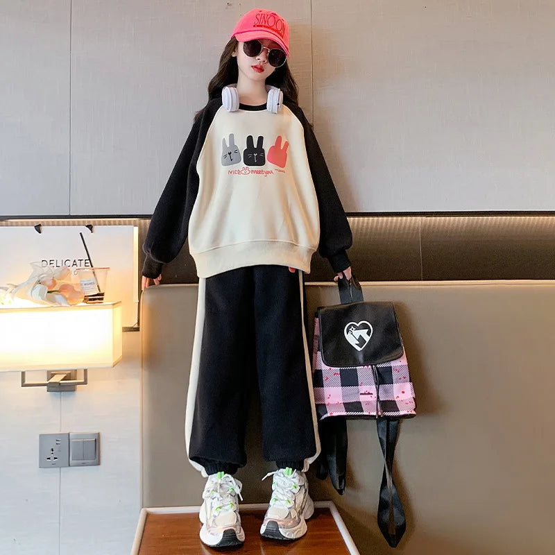 Girls Cotton Contrast Cartoon Alphabet Loose Sweatshirt+Sweatpant School Kids Tracksuit Child Jogger Outfit Workout Sets 5-16Yrs