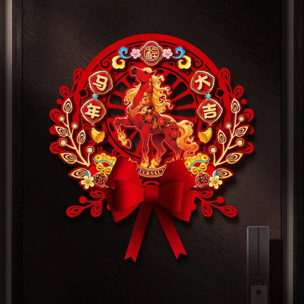Chinese 2026 Horse Year Door Sticker Nonwovens Traditional Fu Character Sticker Blessing Cartoon New Year Wall Sticker