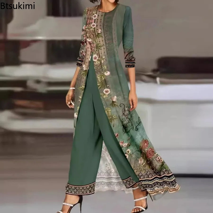 Summer Women Floral Tribal Print Patchwork Wide Leg Jumpsuit Party New Fashion O-Neck Overalls Lady Asymmetrical Jumpsuits Robe