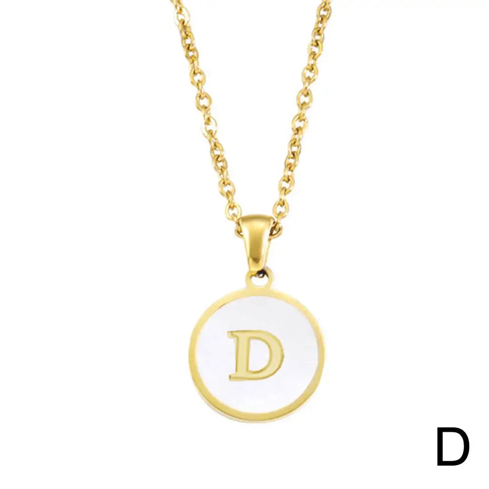 Vintage Initial 26 Letters A To Z White Shell Pendant Necklace Gold Color Steel For Women Men Choker Jewelry Necklace