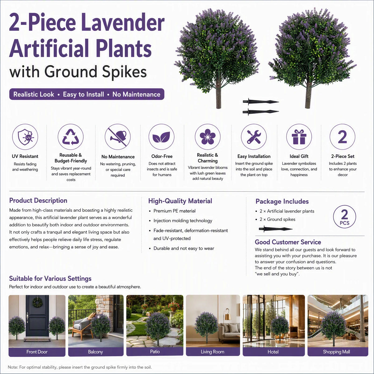 Artificial Lavender Plants With Stakes, 2 Pack