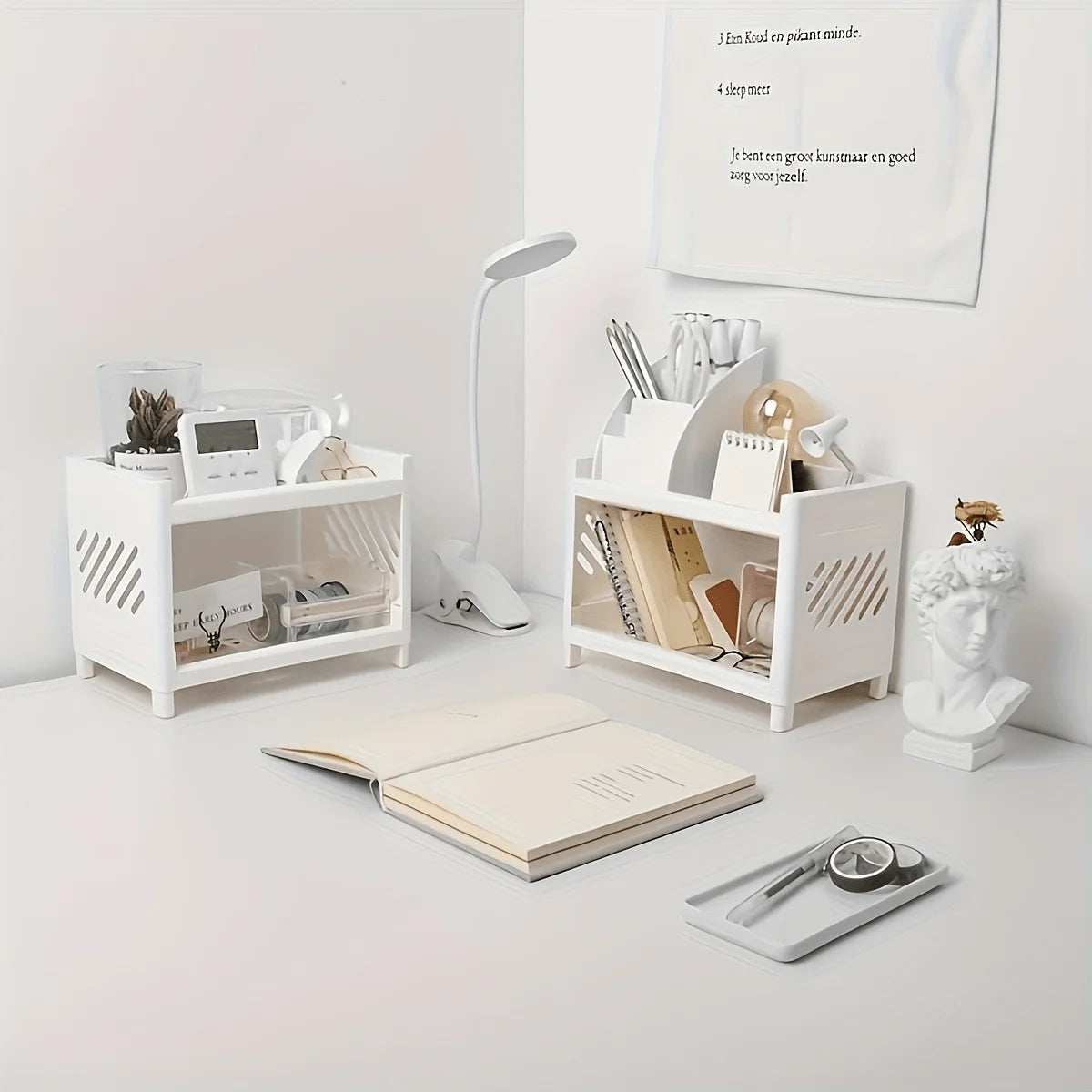 Office Desk Organizer, Double Layer Desktop Storage Rack for Stationery Supplies, Multifunctional Space Saving PP Material