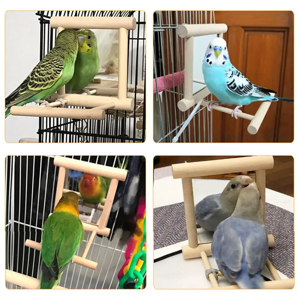 Bird Wooden Mirror Hanging Swing Interactive Play Toys for Parrot Budgies Parakeet Cockatiel Conure Lovebird Cage Accessories