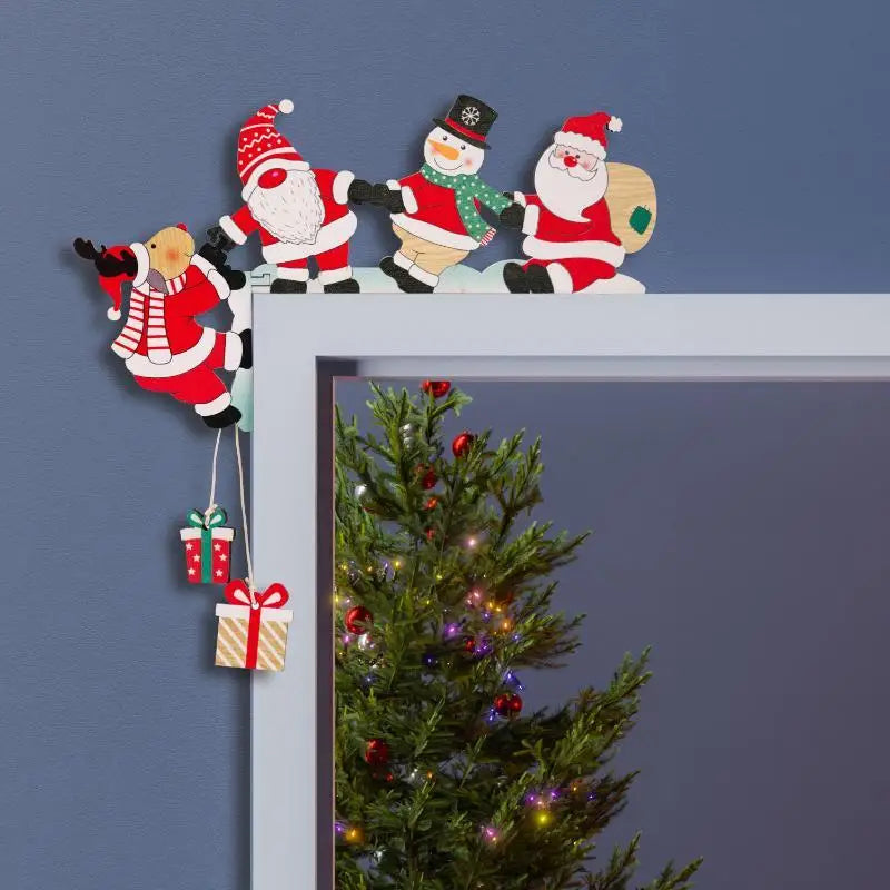 New#Wooden Christmas Door Frame Corner Decor With Santa Snowman Reindeer Design Hanging Gift Pendants For Home Xmas Decoration