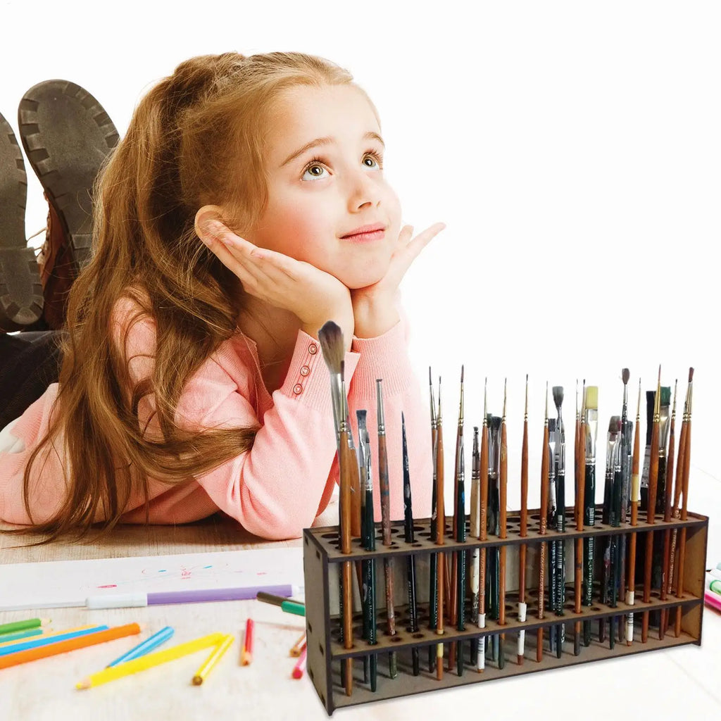 25CM Wall Wooden Brush Holder 67-Slot Premium Double-layer Durable Artist Desk Organizer Pencil Paint Brushes Storage Art Craft