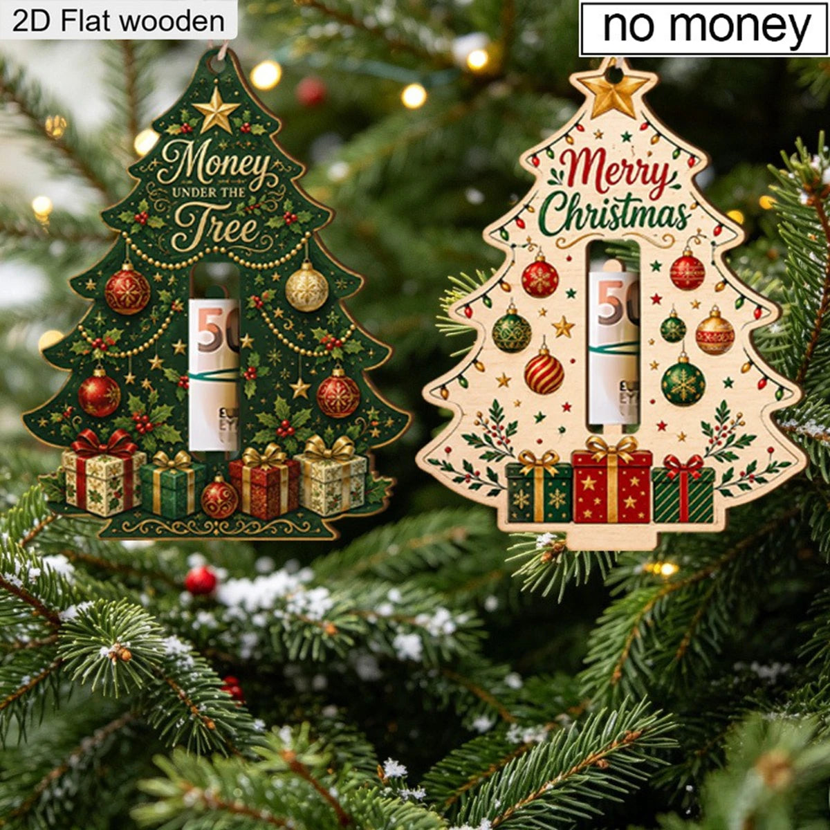 Christmas Tree Wooden Money Holder Ornament 2D Flat Wood Cash Clip Hanging Decor Merry Christmas Tree Shape Money Holder Gift
