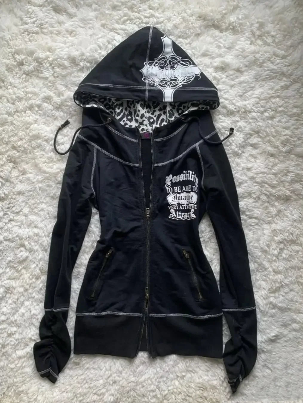 American retro casual hooded sweatshirt jacket for women leopard print stitching design slim hot girl sexy autumn jacket top