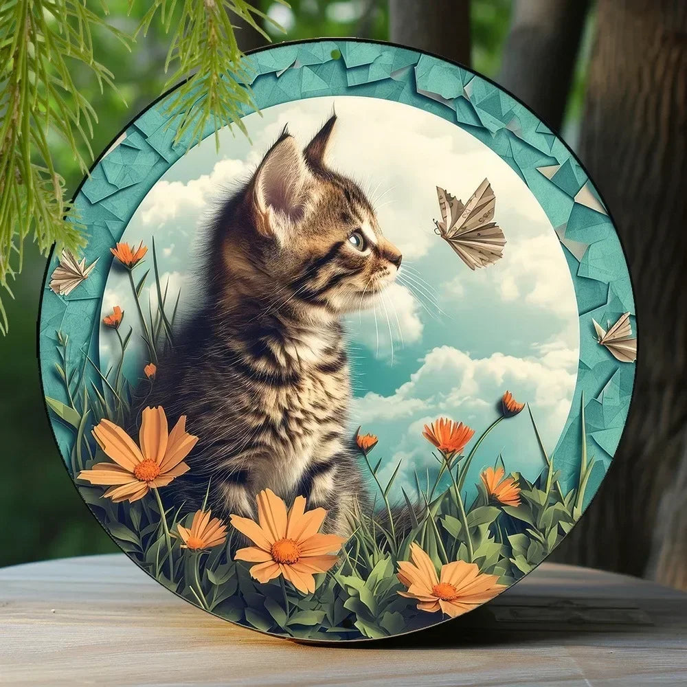 Cute Black Cat Gift Theme Round Metal Aluminum Sign Art Desktop Decorative Plates for Bar Cafe Club Yard Home Office Wall Decor