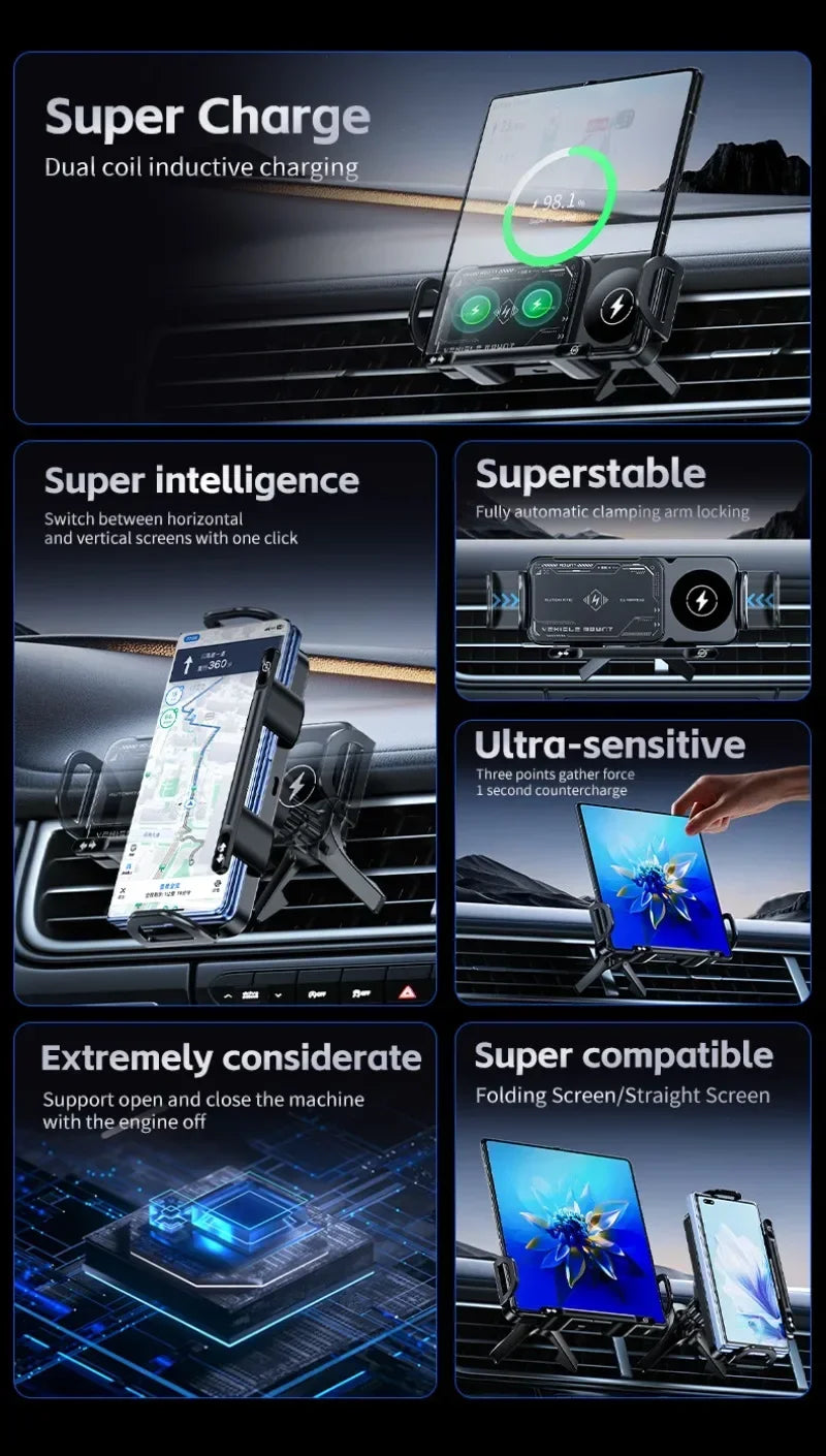 Car Wireless Charger Stand Fold Screen Fast Charging For Samsung Galaxy Z Fold 6 5 4 S24 Ultra iPhone 16 15 14 Pro Phone Holder