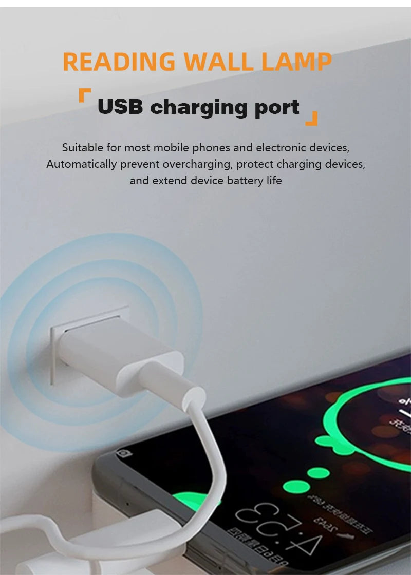 Multi Functional Wall lamp with Mobile phone Wireless charger switch USB interface Bedroom Night light LED Reading wall light