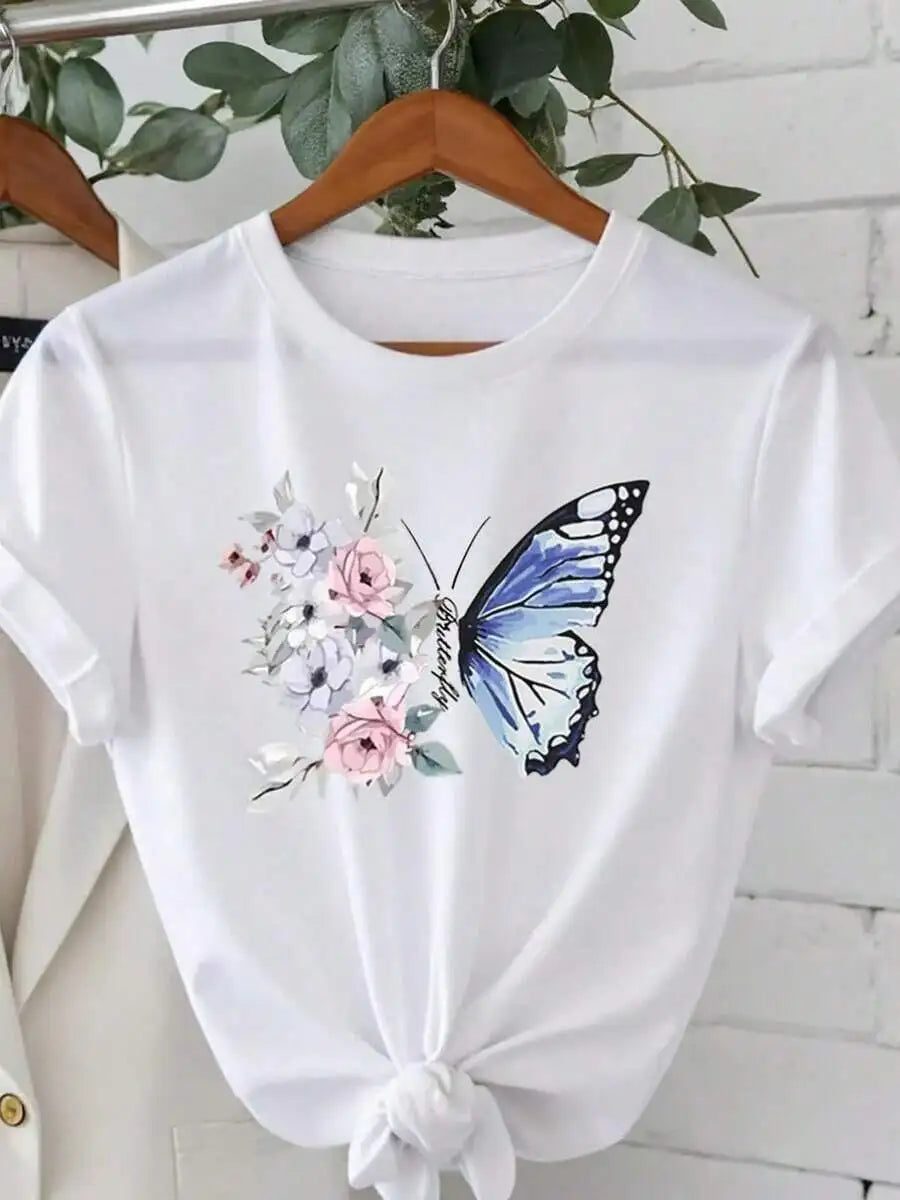 Set--Women's Round Neck Chrysanthemum Floral Print T-Shirt Top