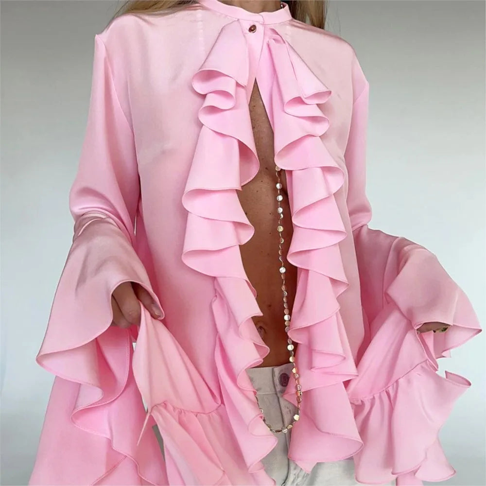 Fashion Ruffled Long Sleeve Women's Shirt Spring And Autumn New Loose Solid Color Casual Female Temperament Street Shirt 2025