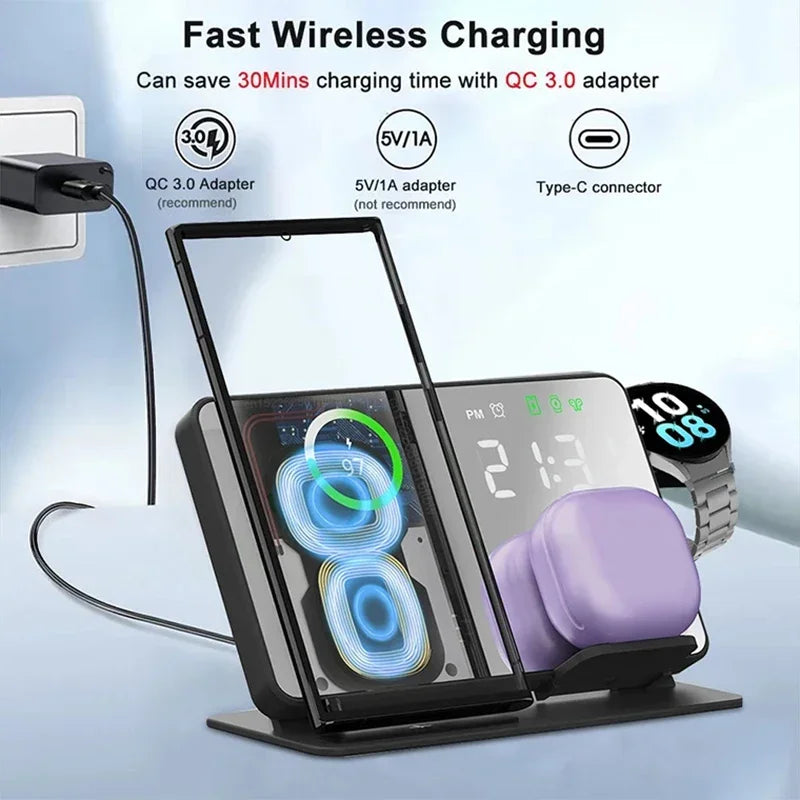 3 in 1 Wireless Charger For Apple Samsung Galaxy Watch 6 5 Pro S24 S23 S22 Fast Charging Station Alarm Clock Phone Charger Stand