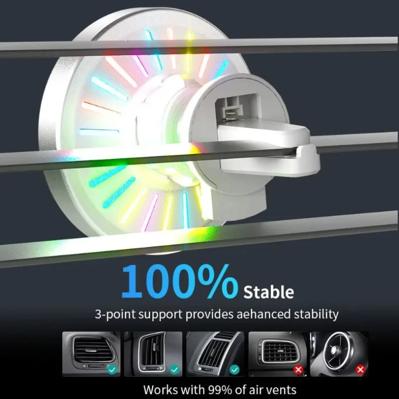 Car Magnetic Wireless Charger Air Vent Bracket Clip Phone Holder Stand RGB Light For iPhone 16 15 14 13 12 Pro Max Fast Charging