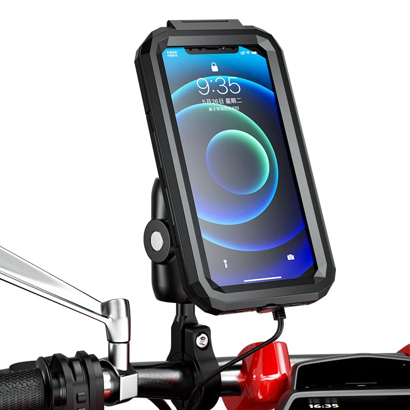 2022 Waterproof Case 12V Motorcycle Phone Holder Wireless Charger 15W Qi/ Type C PD USB Fast Charge Mount Box Double Socket Arms