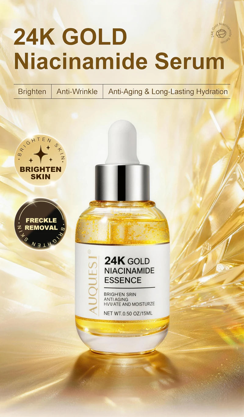 AUQUEST Niacinamide Face Serum Whitening Dark Spot Remover 24K Gold Serum Hyaluronic Acid Anit-Wrinkle Facial Serum Skin Care