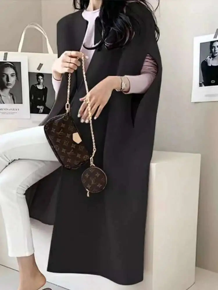 [EWQ] Korean Elegant Vintage O Neck Shawl Loose All Match Medium Length Cardigan Woolen Vest Women 2025 Autumn Winter 16U7318