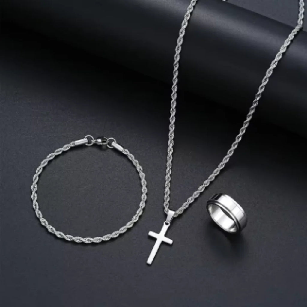 3PCSUnisex Minimalist Jewelry Set, Featuring A Fashionable Silver Cross Pendant, Twisted Rope Necklace, Bracelet, And Ring