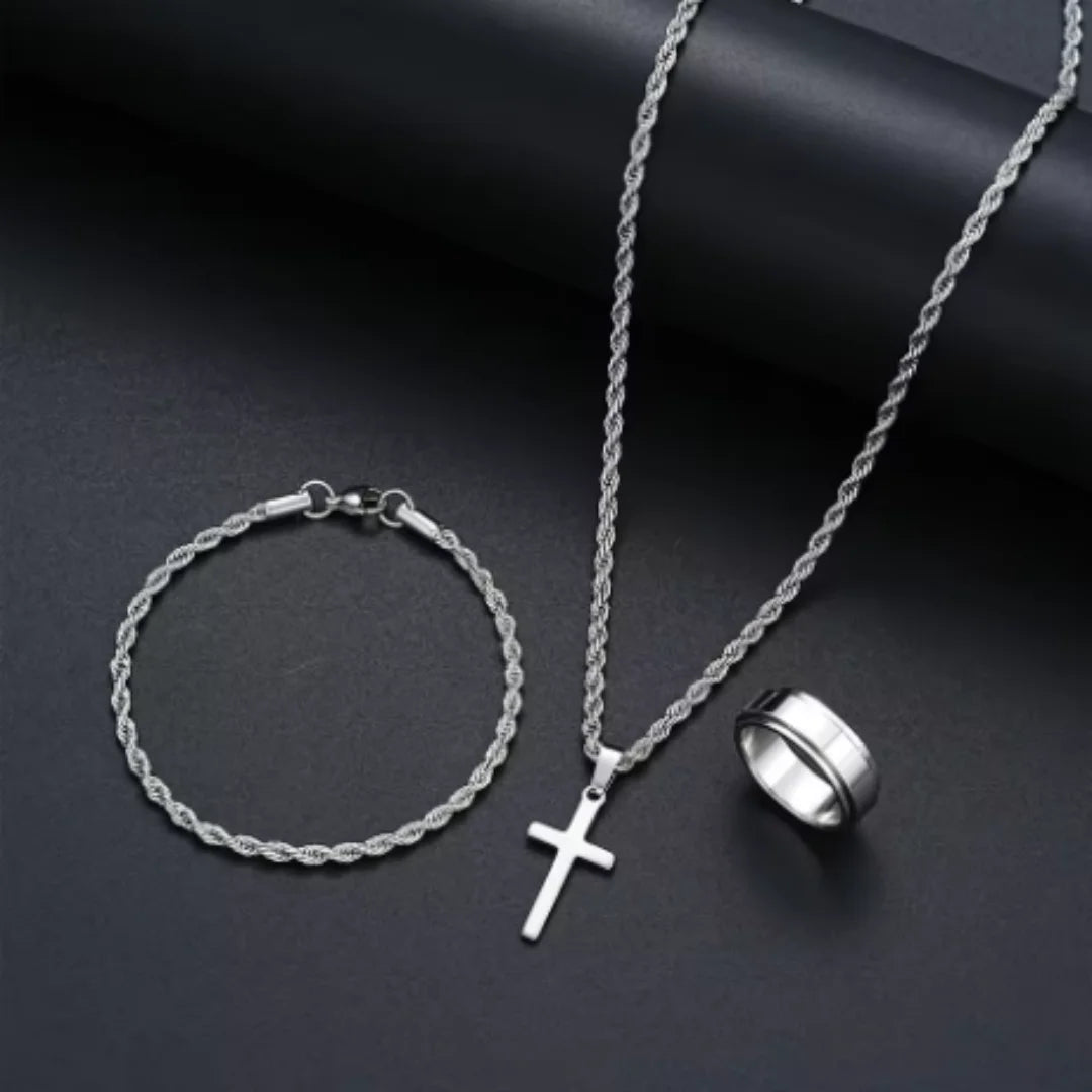 3PCSUnisex Minimalist Jewelry Set, Featuring A Fashionable Silver Cross Pendant, Twisted Rope Necklace, Bracelet, And Ring