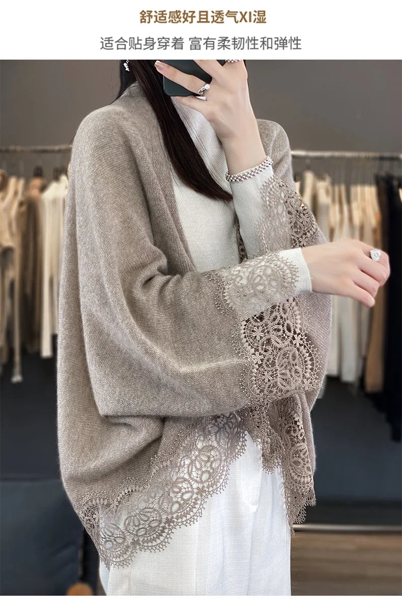 Popular Lace Edge 100% Wool Knitted Shawl Spring Autumn Thin Women's Soft, Skin friendly, Breathable, and Fashionable Cardigan