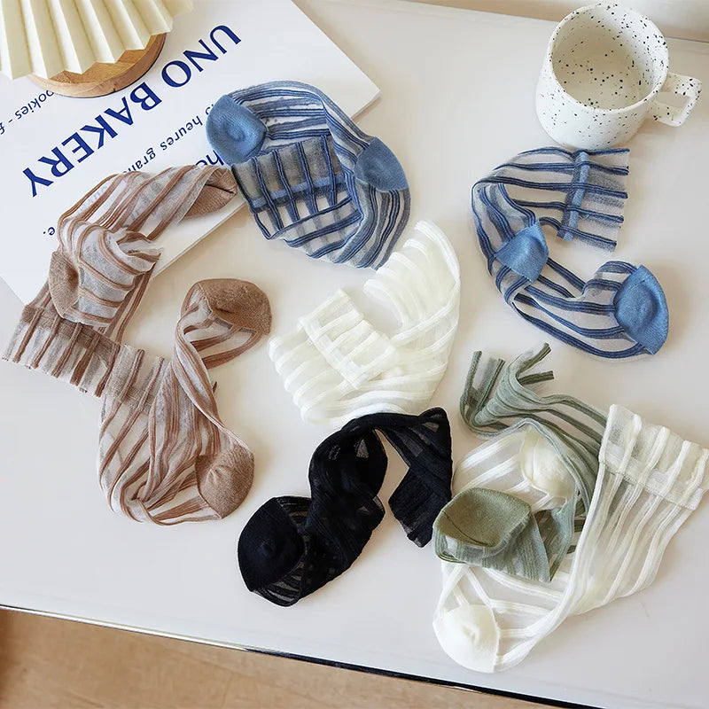 Fashion Striped Summer Socks Women Ultra-thin Transparent Crystal Silk Socks Korean Style Harajuku Streetwear Nylon Long Socks