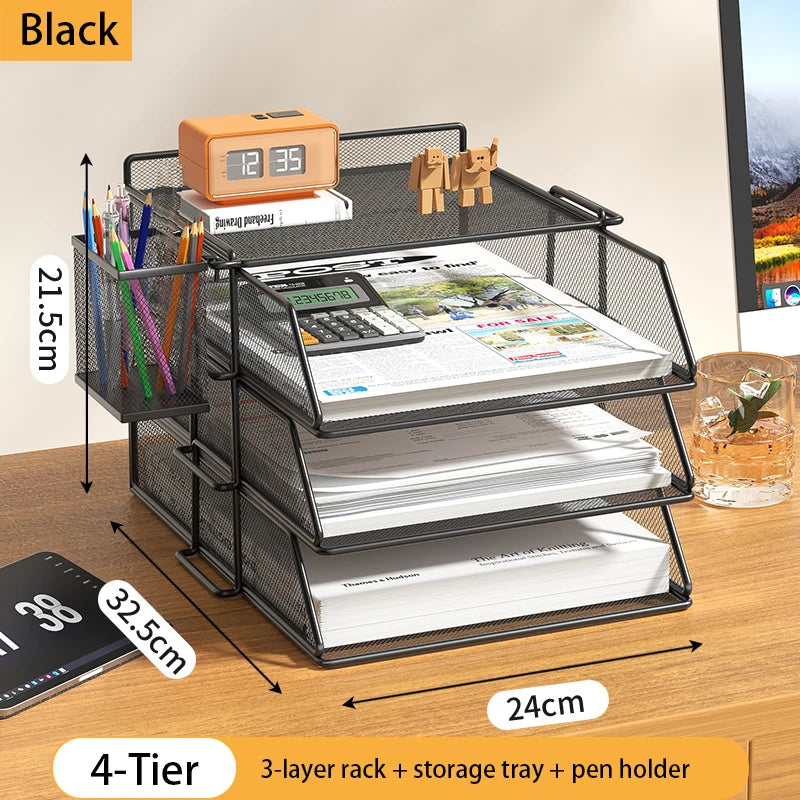 4-Tier Desk Organizer Stackable Tray Office Desk Organizer File and Desktop Holder for Paper Letter Accessories Black