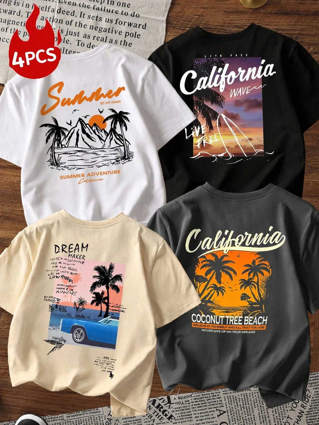 Set of 4 Men's Casual Summer Beach Style Short-Sleeve