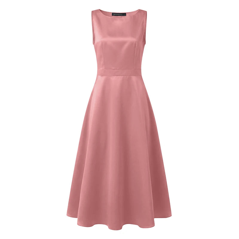 2026 Elegant Party Dress ZANZEA Stylish Women Satin Dress Summer Sleeveless OL Work Midi Dresses Solid A Line Waisted Sundress