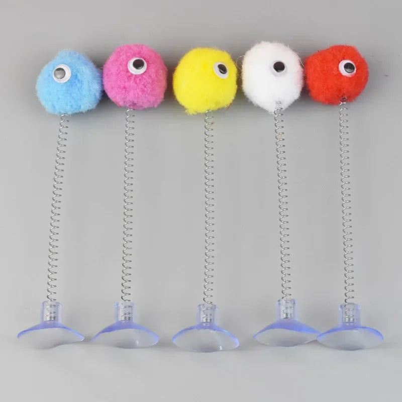 Pet Cat with Spring Toy Interactive Fun Teasing Cat Stick Suction Cup Fur Ball Pet Cat Toy