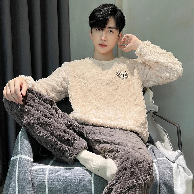 Men's Winter Jacquard Weave Flannel Pajamas Set Coral Fleece Cartoon Sleepwear Homewear Thick Warm Male Suit Fall Sweatshirt 5XL