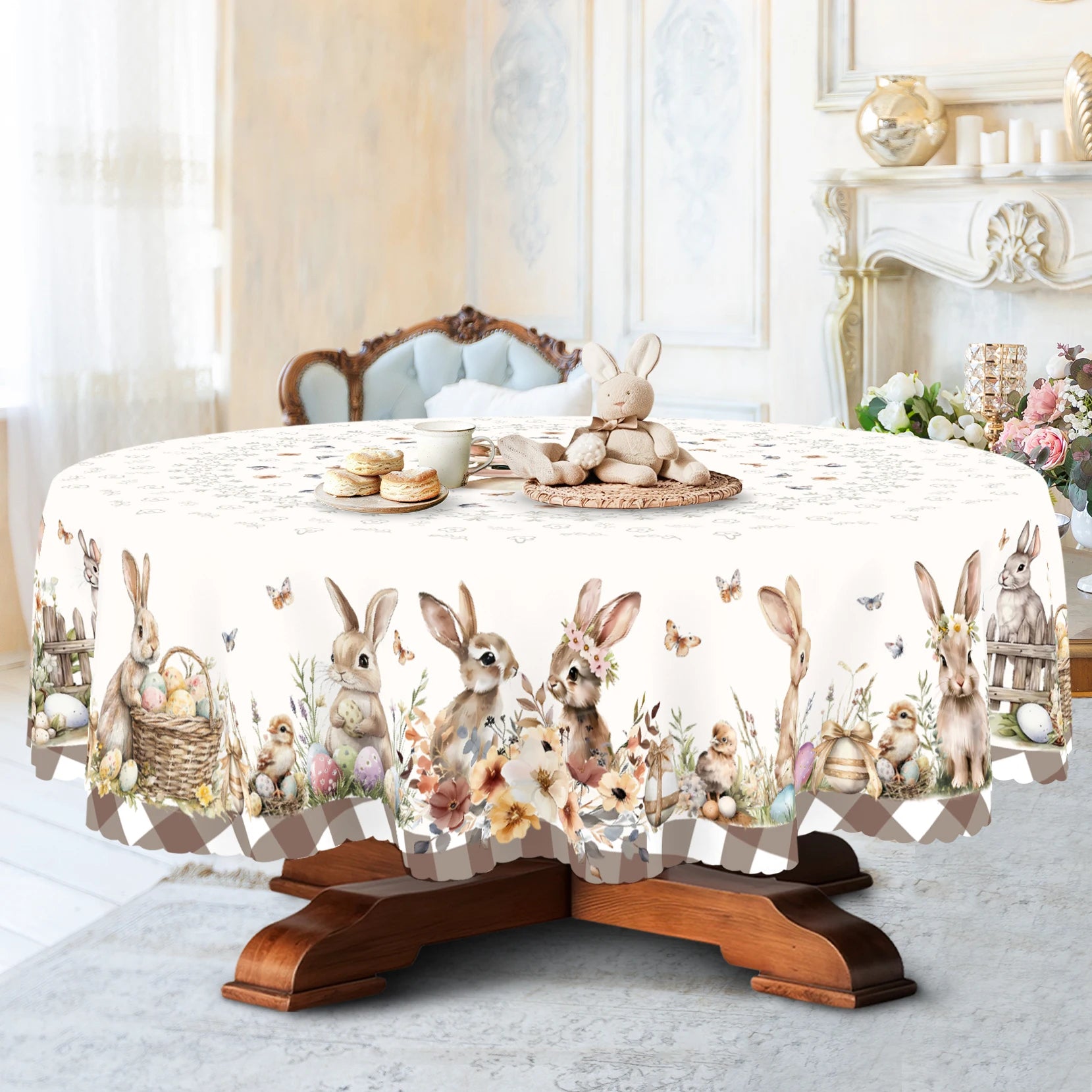 Cute Easter Themed Grey Rabbit Tablecloth - 1pc Spring Floral Print with Embossed Edge, Spring Outdoor Garden