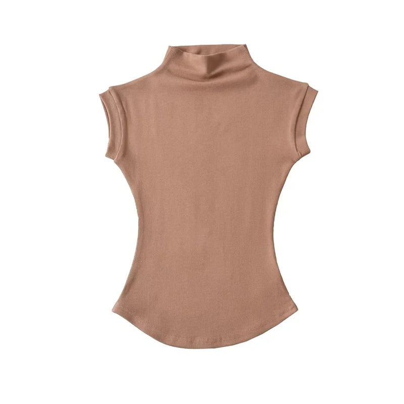 Women Summer Sexy Turtleneck Sleeveless T-Shirts Tops Solid Slim