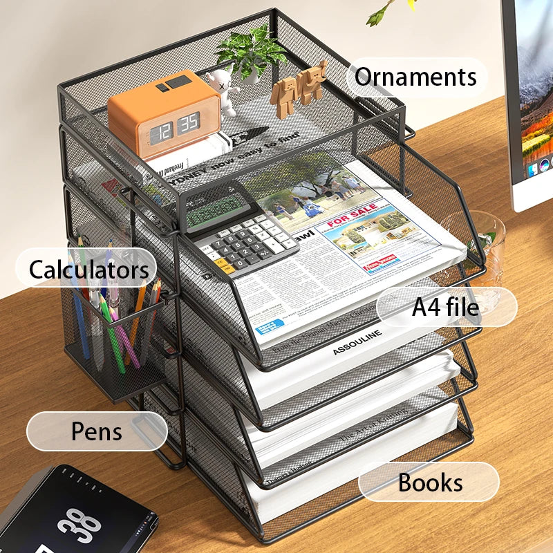 4-Tier Desk Organizer Stackable Tray Office Desk Organizer File and Desktop Holder for Paper Letter Accessories Black