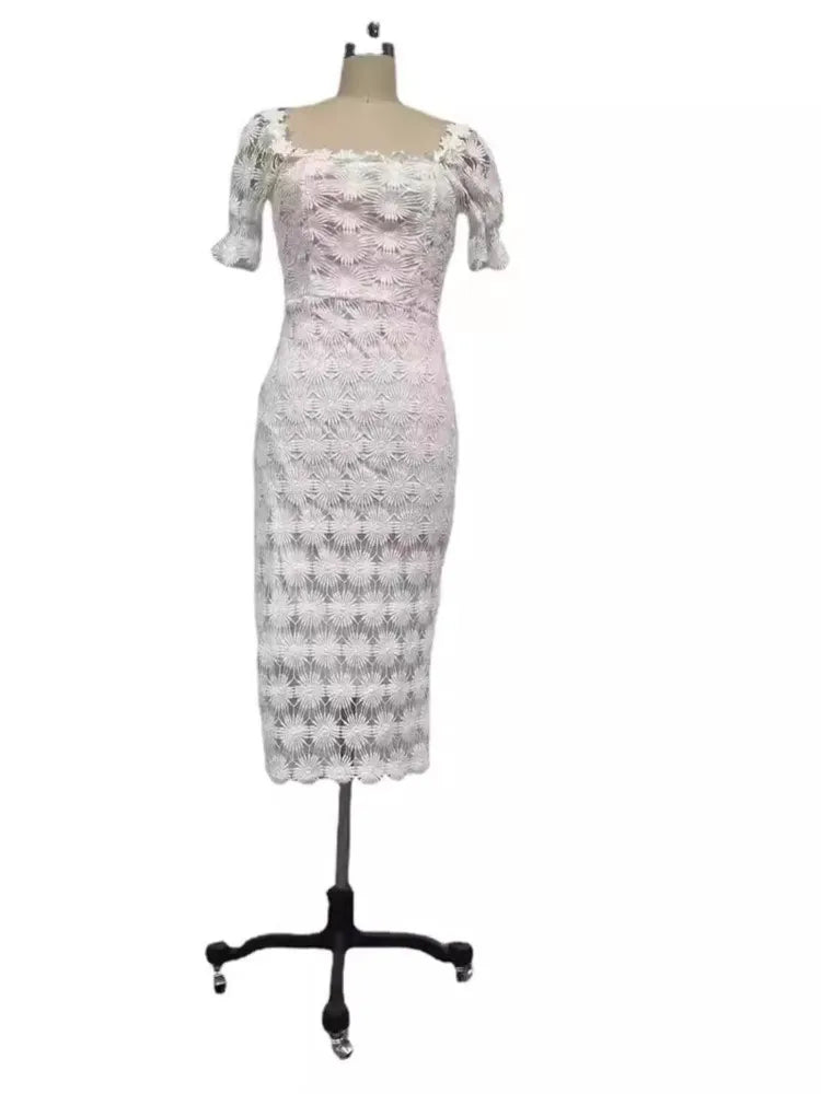 Women's Hollow Out Flower Lace Patchwork Slim Midi Dresses Temperament Solid Color Package Hip Dress Lady Commuting Vestidos