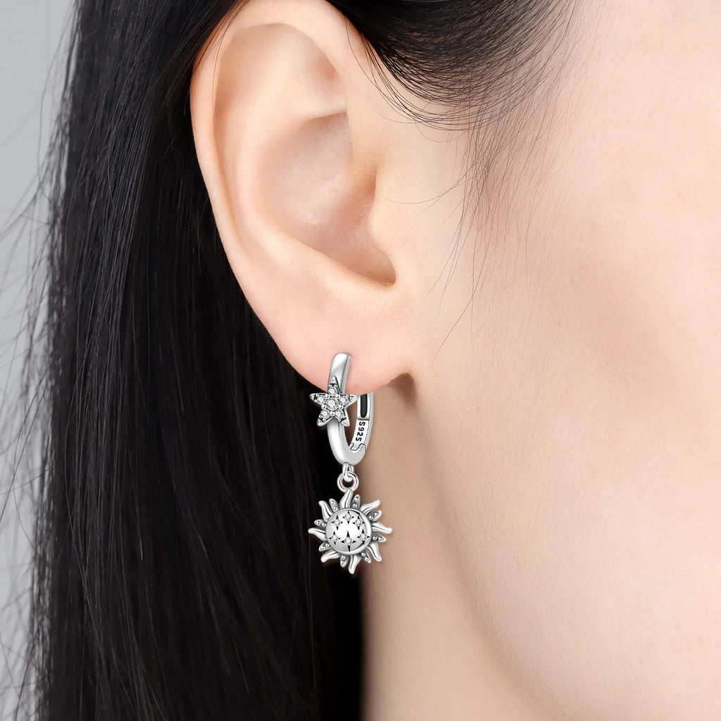 Y2K 925 Sterling Silver Asymmetric Design Star Moon Drop Earrings