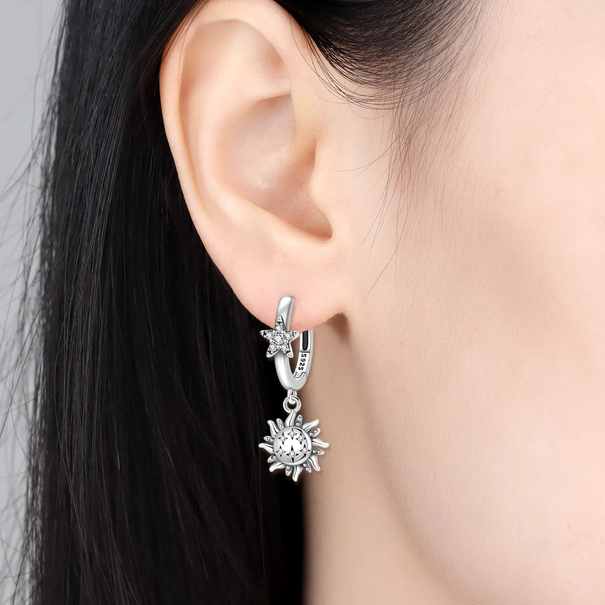 Y2K 925 Sterling Silver Asymmetric Design Star Moon Drop Earrings