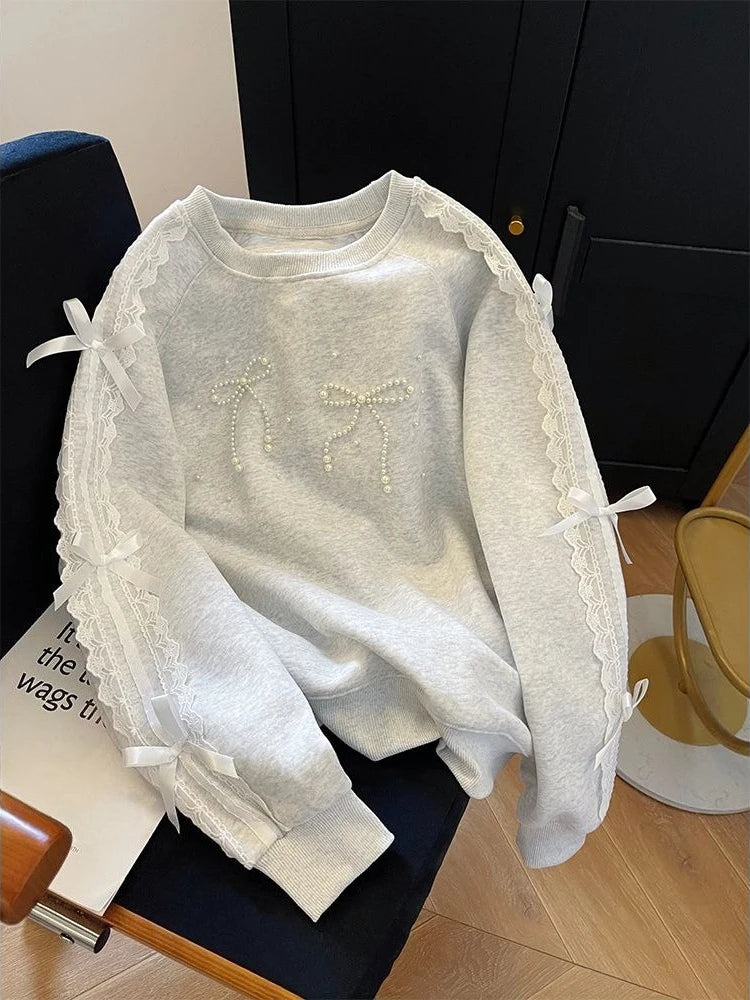 Grey Woman Pullover Tops Lace Emo Cotton Y2k Style New in Dropshiping Vintage 2025 Trend Basic Matching Bow Sweatshirt for Women