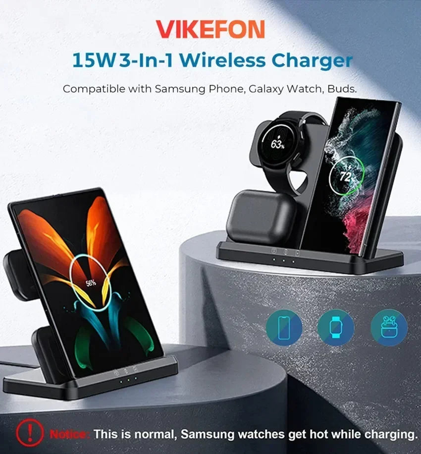 3 in 1 Wireless Charger Stand For Samsung S24 S23 S22 Ultra Note Galaxy Watch 7 6 Active Buds3/2 Pro Fast Charging Dock Station