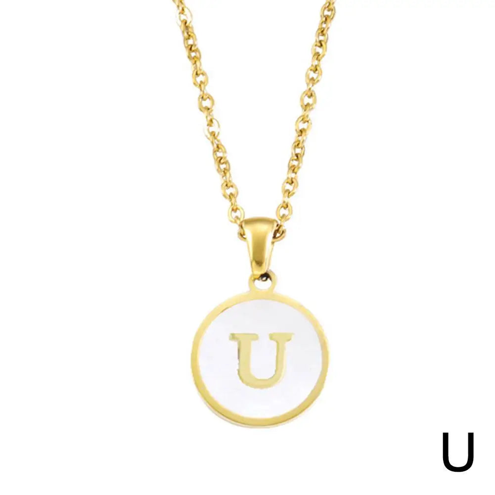 Vintage Initial 26 Letters A To Z White Shell Pendant Necklace Gold Color Steel For Women Men Choker Jewelry Necklace